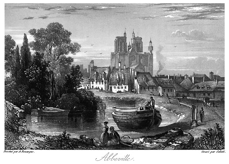 Abbeville vers 1830, gravure d'Adolphe Rouargue reproduite et restaurée numériquement par © Norbert Pousseur