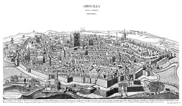 Abbeville en 1663 - gravure numérisée par  © les Archives départementales de la Somme, puis re-traitée numériquement par © Norbert Pousseur