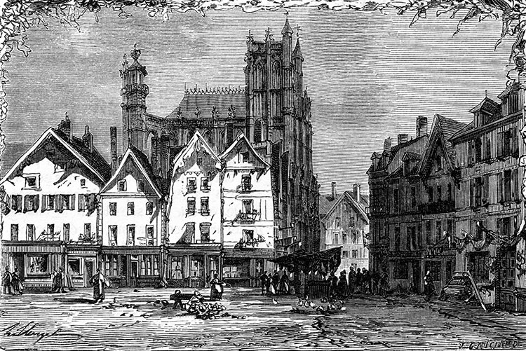 Place centrale d'Abbeville vers 1850 - gravure de Rouargue reproduite et restaurée numériquement par © Norbert Pousseur