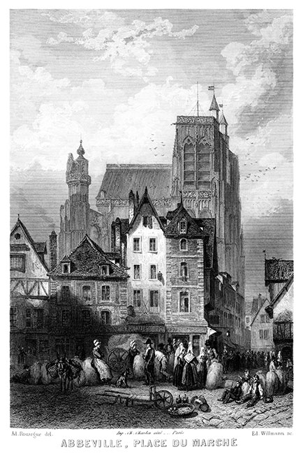 Abbeville, place du Marché vers 1860 - gravure d'Adolphe Rouargue reproduite et restaurée numériquement par © Norbert Pousseur