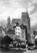 Zoom sur Abbeville, place du Marché vers 1860 - gravure d'Adolphe Rouargue reproduite et restaurée numériquement par © Norbert Pousseur