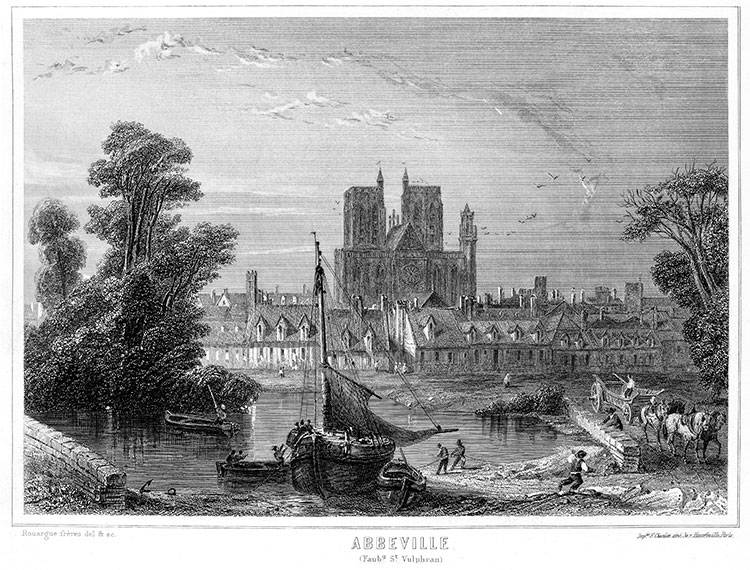 Abbeville au bords de la Somme vers 1850 - gravure de Rouargue reproduite et restaurée numériquement par © Norbert Pousseur