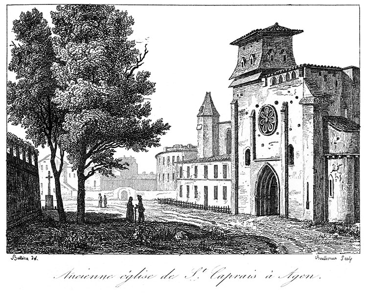 Façade latérale de St Caprais à Agen vers 1835 - gravure reproduite et restaurée numériquement par © Norbert Pousseur