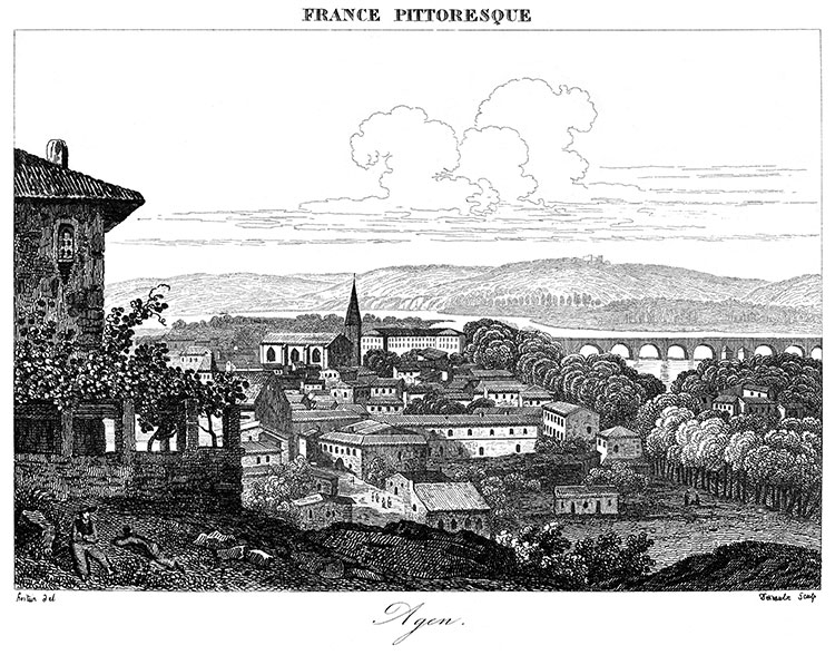 Agen vu des hauteurs, vers 1830 - gravure reproduite et restaurée numériquement par © Norbert Pousseur