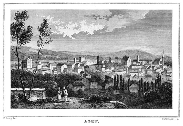 Les toits d'Agen vers 1835 - gravure reproduite et restaurée numériquement par © Norbert Pousseur