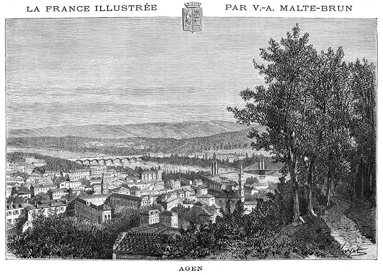 Agen vue générale, vers 1850 - gravure reproduite et restaurée numériquement par © Norbert Pousseur Agen vue générale, vers 1850 - gravure reproduite et restaurée numériquement par © Norbert Pousseur