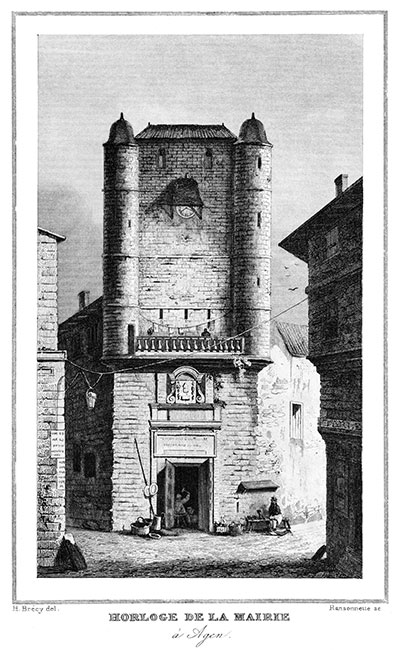 Tour et horloge de la mairie d'Agen vers 1835 - gravure reproduite et restaurée numériquement par © Norbert Pousseur Tour et horloge de la mairie d'Agen vers 1835 - gravure reproduite et restaurée numériquement par © Norbert Pousseur