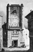 Zoom sur Tour et horloge de la mairie d'Agen vers 1835 - gravure reproduite et restaurée numériquement par © Norbert Pousseur