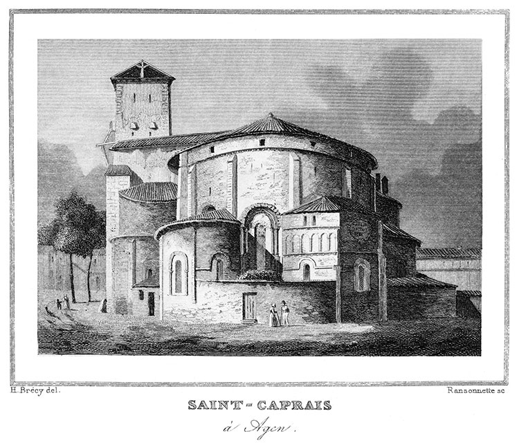 Dos de l'église St Caprais à Agen vers 1830 - gravure reproduite et restaurée numériquement par © Norbert Pousseur Dos de l'église St Caprais à Agen vers 1830 - gravure reproduite et restaurée numériquement par © Norbert Pousseur