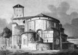 Zoom sur Dos de l'église St Caprais à Agen vers 1830 - gravure reproduite et restaurée numériquement par © Norbert Pousseur