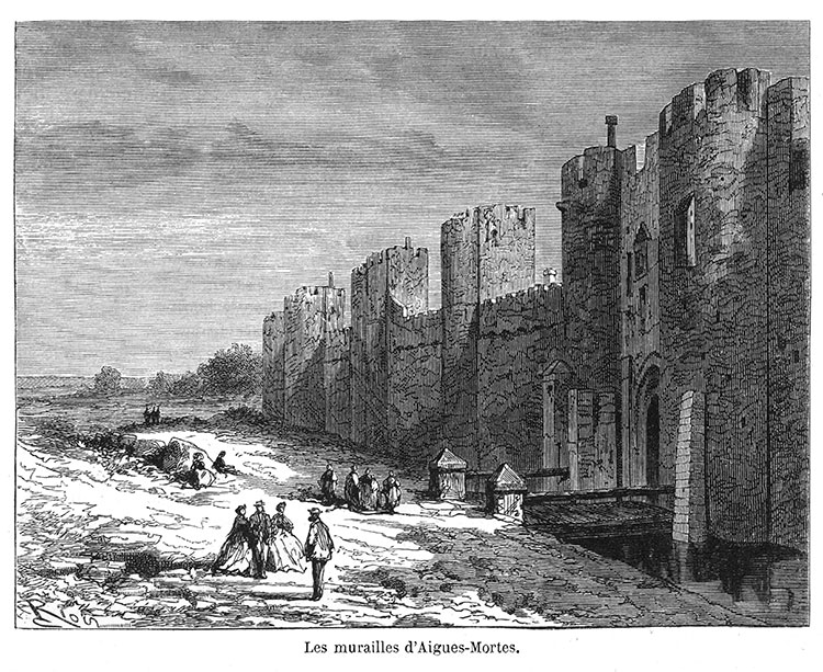 Aigues-Morters et une de ses portes de ses murailles vers 1870 - gravure reproduite et restaurée numériquement par © Norbert Pousseur