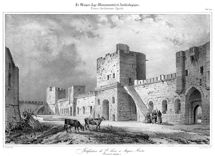 Aigues-Mortes, Fortifications de St Louis vers 1850 - gravure reproduite par la  © BNF et restaurée numériquement par © Norbert Pousseur