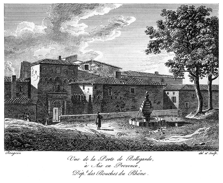 Porte de Bellegarde à Aix en Provence vers 1820 - gravure reproduite et restaurée numériquement par © Norbert Pousseur
