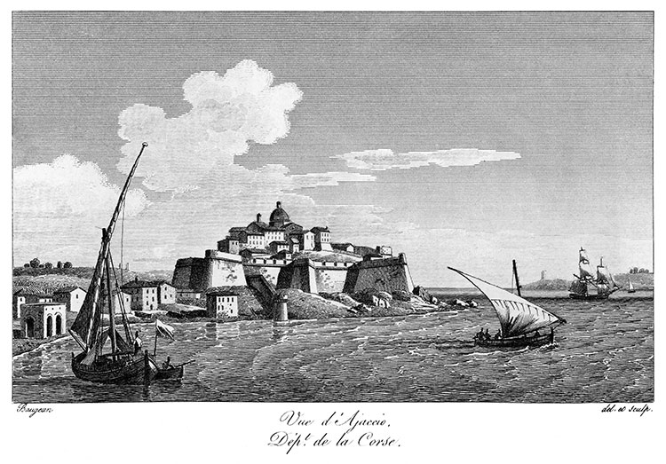 Ajaccio et son fort vers 1820 - gravure reproduite et restaurée numériquement par © Norbert Pousseur