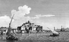 Zoom sur Ajaccio et son fort vers 1820 - gravure reproduite et restaurée numériquement par © Norbert Pousseur