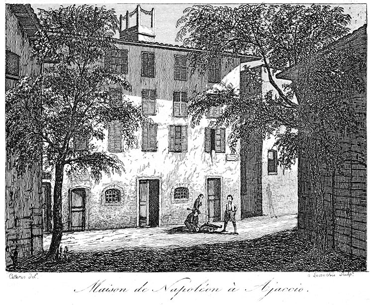 Ajaccio et la maison de Napoléon vers 1830 - gravure reproduite et restaurée numériquement par © Norbert Pousseur