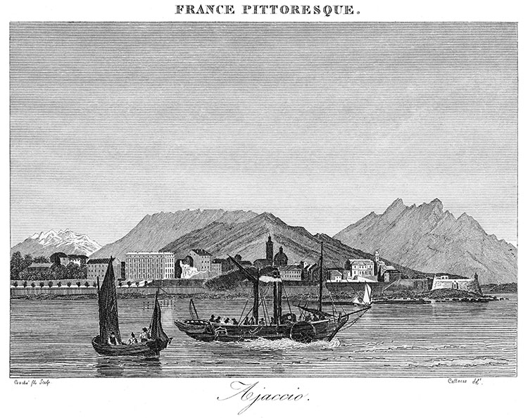 Ajaccio vers 1835 - gravure reproduite et restaurée numériquement par © Norbert Pousseur