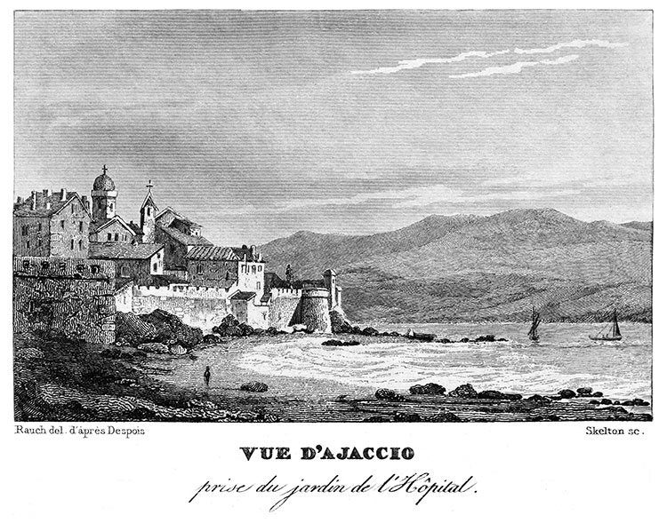 Les bords d'Ajaccio vers 1830 - gravure reproduite et restaurée numériquement par © Norbert Pousseur
