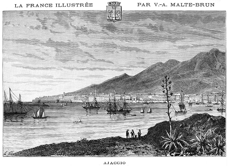 Ajaccio et son port vers 1850 - gravure reproduite et restaurée numériquement par © Norbert Pousseur