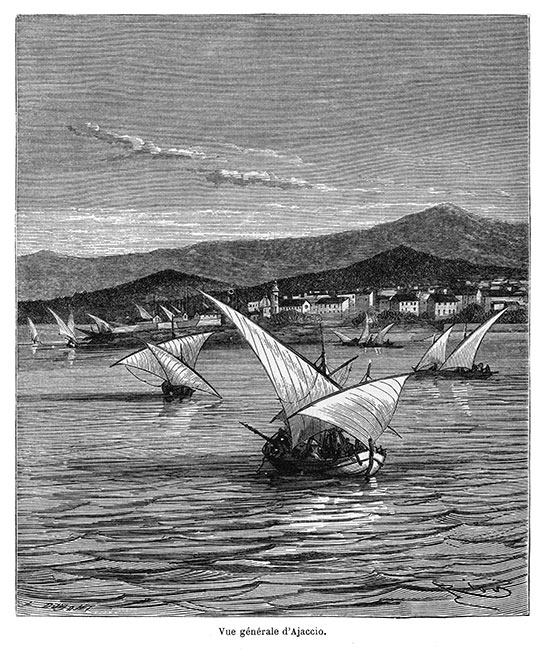 Ajaccio entourée de bateaux de pêche vers 1870 - gravure reproduite et restaurée numériquement par © Norbert Pousseur