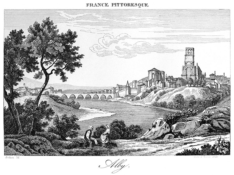 Albi et le Tarn vers 1830 - gravure reproduite et restaurée numériquement par © Norbert Pousseur