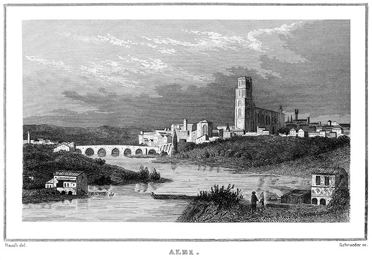 Albi devant le Tarn vers 1835 - gravure reproduite et restaurée numériquement par © Norbert Pousseur