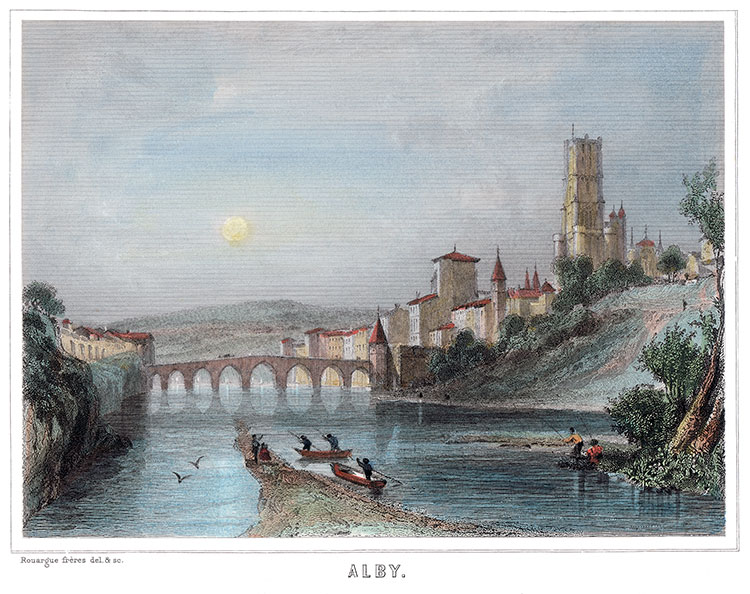 Albi au soleil bas vers 1850 - gravure de Rouargue frères reproduite et restaurée numériquement par © Norbert Pousseur