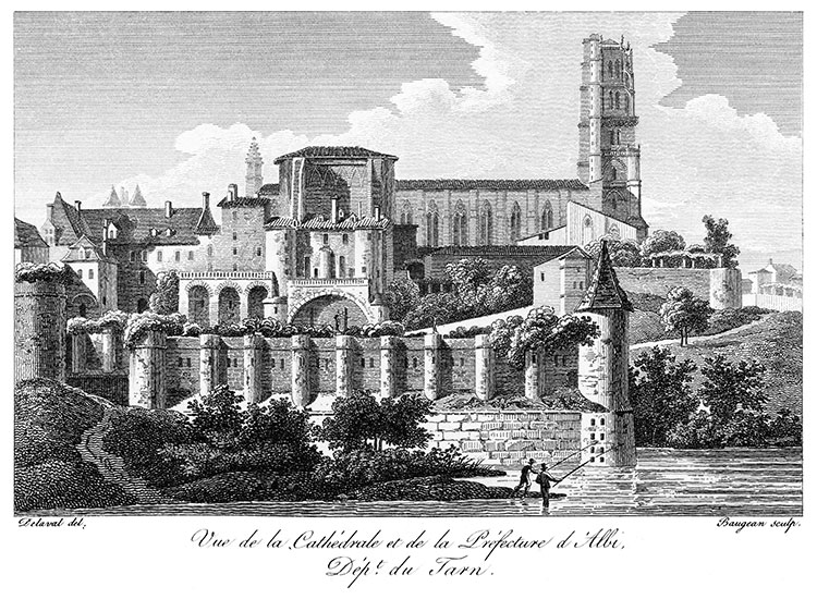 Cathédrale et Préecture d'Albi vers 1820 - gravure reproduite et restaurée numériquement par © Norbert Pousseur