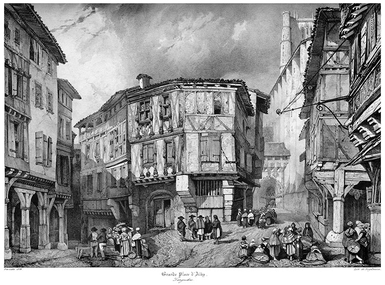 La Grande Place d'Albi en 1833 - gravure reproduite par la  © BNF et restaurée numériquement par © Norbert Pousseur