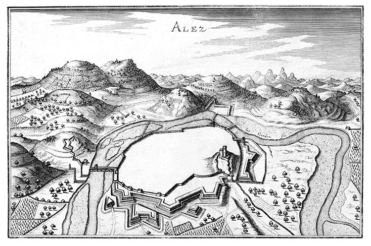 Les fortifications d'Alez vers 1630 - gravure conservée et numérisée par © BNF - restaurée numériquement par © Norbert Pousseur