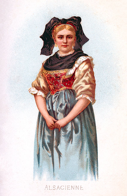 Alsacienne dans son costume traditionnel des années 1870 - gravure reproduite et restaurée par © Norbert Pousseur