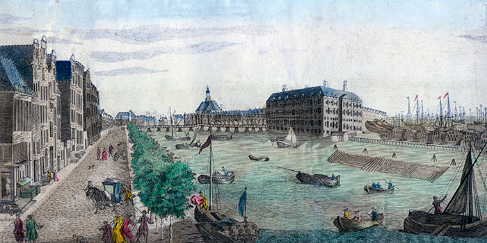 Amsterdam, vue générale du port - gravure reproduite et restaurée numériqueemnt par © Norbert Pousseur