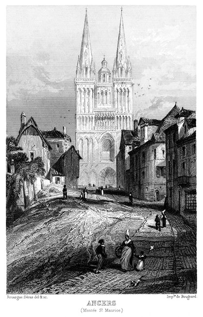 La cathédrale d'Angers vers 1850 - gravure  de Rouargue, reproduite et restaurée par © Norbert Pousseur