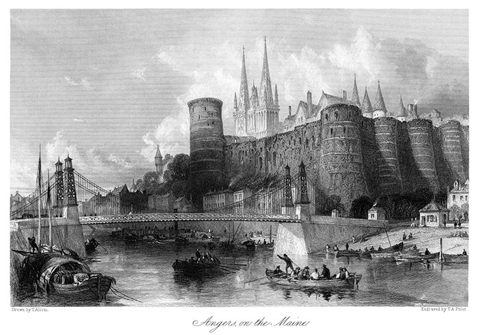 Angers dans ses murailles vers 1840 - gravure de Thomas Allom,  reproduite et restaurée par © Norbert Pousseur