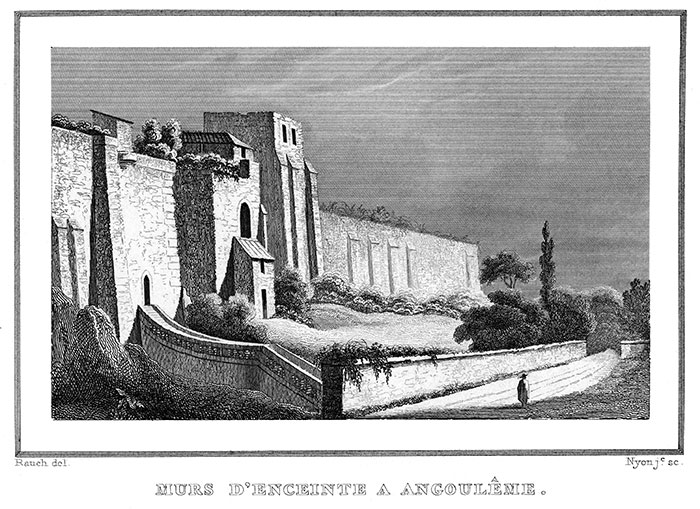Murs d'enceinte d'Angoulême vers 1830 - gravure reproduite puis retouchée par  © Norbert Pousseur