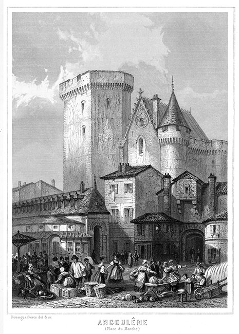 La place du marché d'Angoulême vers 1855 - gravure reproduite puis retouchée par  © Norbert Pousseur