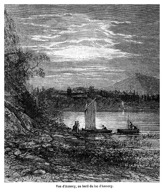Annecy au bord du lac vers 1870 - gravure reproduite et restaurée numériquement par © Norbert Pousseur
