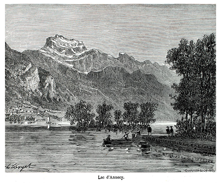 Le lac d'Annecy vers 1870 - gravure reproduite et restaurée numériquement par © Norbert Pousseur
