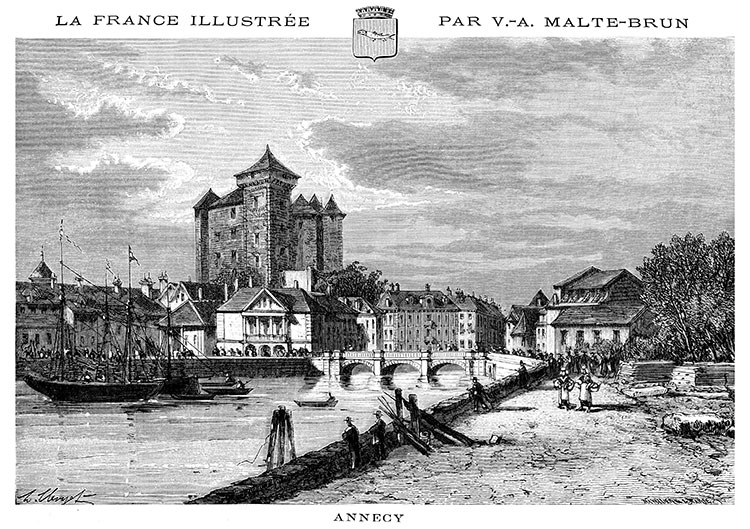 Le centre d'Annecy vers 1870 - gravure reproduite et restaurée numériquement par © Norbert Pousseur Le centre d'Annecy vers 1870 - gravure reproduite et restaurée numériquement par © Norbert Pousseur