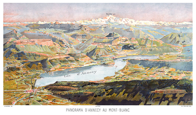 Panorama d'Annecy jusqu'au Mont-Blanc vers 1880 - gravure numérisée et concervée par la ©  et restaurée numériquement par © Norbert Pousseur