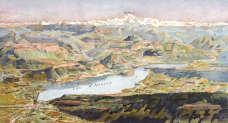 Zoom sur Panorama d'Annecy jusqu'au Mont-Blanc vers 1880 - gravure numérisée et concervée par la ©  et restaurée numériquement par © Norbert Pousseur