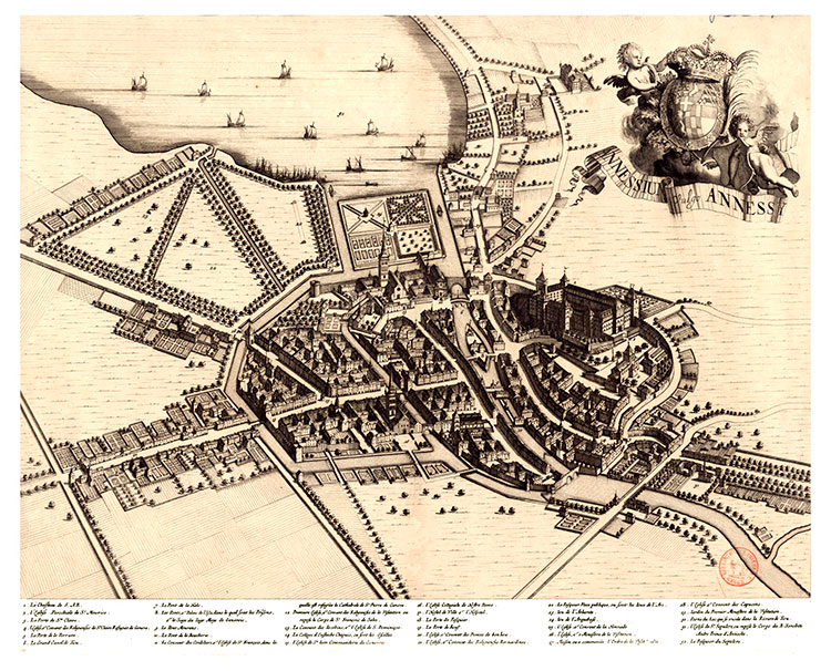 Plan de la ville d'Abnnecy vers 1720 - gravure numérisée et concervée par la ©  et restaurée numériquement par © Norbert Pousseur