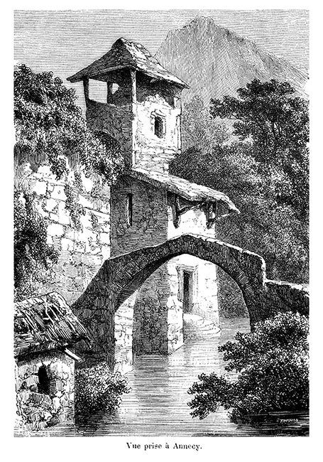 Maison d'Annecy, au pied dans l'eau vers 1870 - gravure reproduite et restaurée numériquement par © Norbert Pousseur