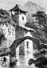 Zoom sur Maison d'Annecy, au pied dans l'eau vers 1870 - gravure reproduite et restaurée numériquement par © Norbert Pousseur
