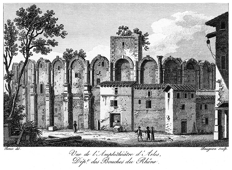 L'Amphithéâtre d'Arles  vers 1820 - gravure reproduite et restaurée numériquement par © Norbert Pousseur