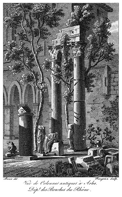 Colonnes antiques et statues à Arles  vers 1820 - gravure reproduite et restaurée numériquement par © Norbert Pousseur