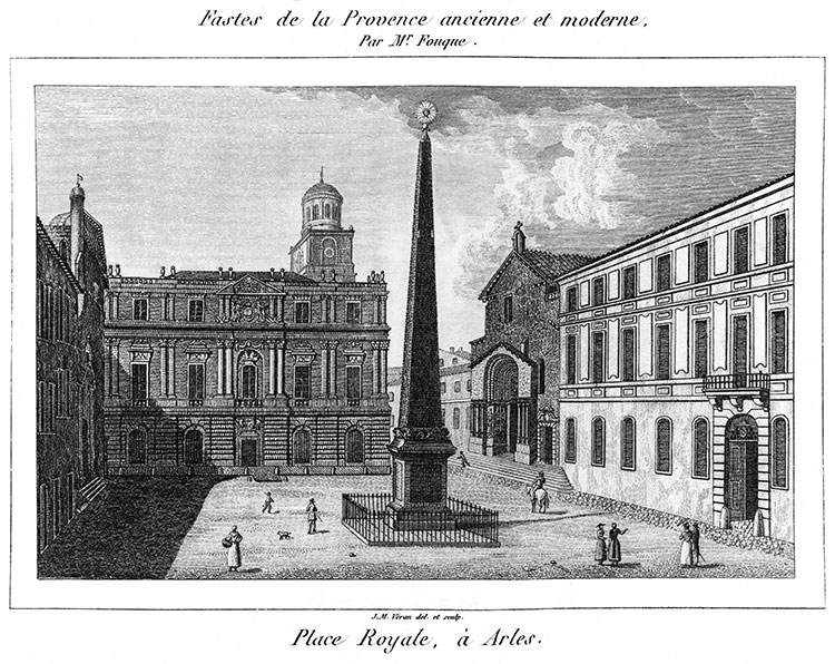 Place Royale à Arles vers 1835 - gravure reproduite et restaurée numériquement par © Norbert Pousseur