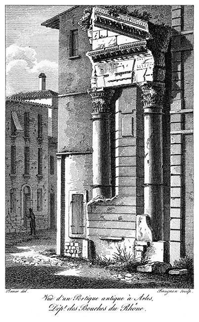 Colonnes antiques à Arles  vers 1820 - gravure reproduite et restaurée numériquement par © Norbert Pousseur