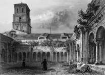 Zoom sur Cloître de St-Trophime à Arles vers 1850 - gravure reproduite et restaurée numériquement par © Norbert Pousseur