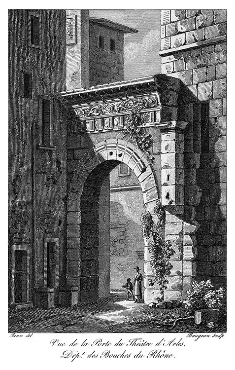 Porte du théâtre d'Arles vers 1820 - gravure reproduite et restaurée numériquement par © Norbert Pousseur